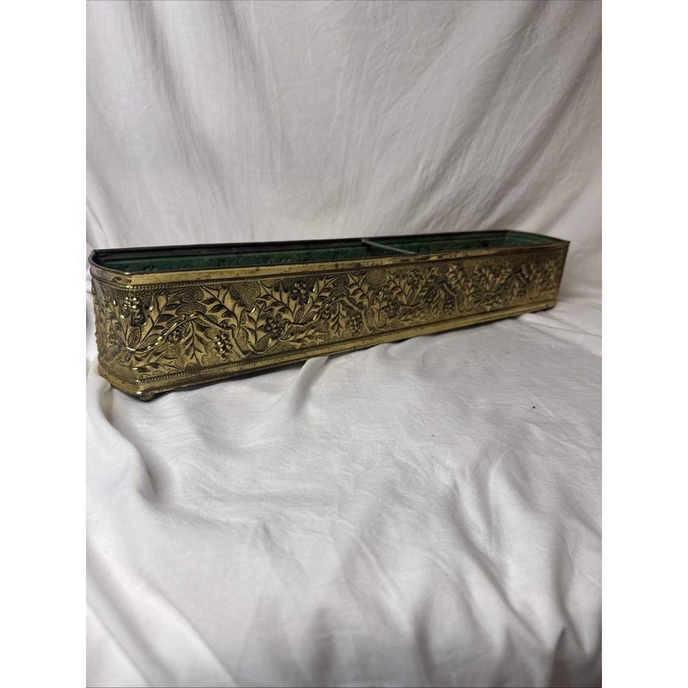 Vintage MCM Embossed Brass Window Box Planter Made England Holly Repousse Motif